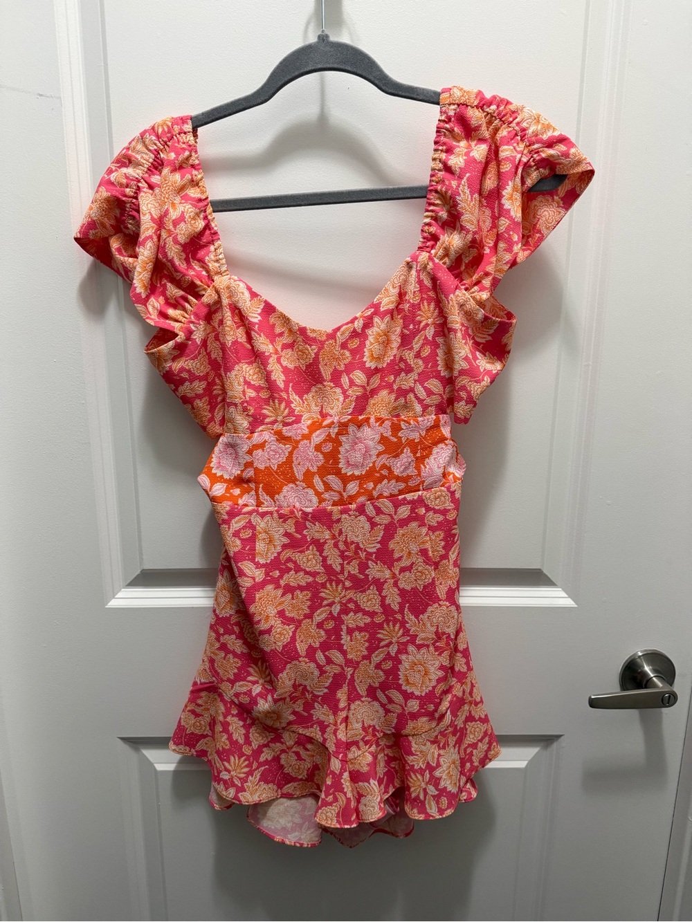 French Connection Pink and Orange Floral Ruffle Sleeve Top